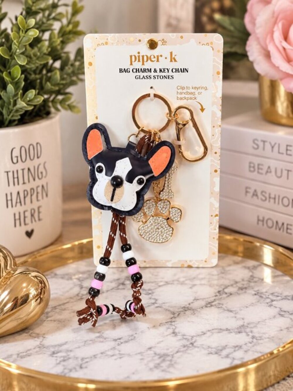 Piper K French Bulldog Bag Charm & Keychain Rhinestone Paw NWT